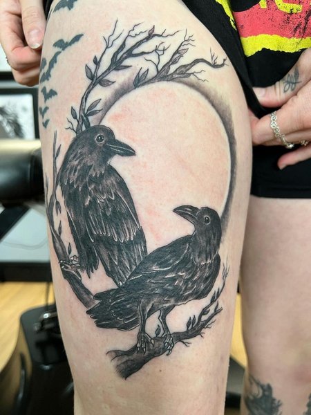 Crow Thigh Tattoo