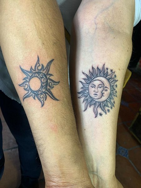 Matching Couple Sun And Moon Tattoo