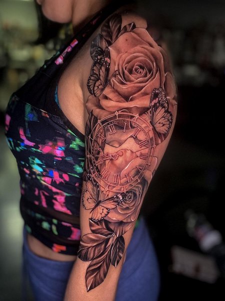 Clock And Rose Tattoo