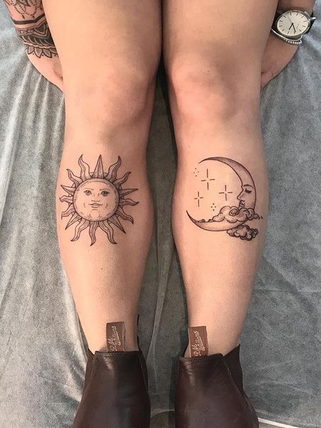 Sun And Moon Leg Tattoo