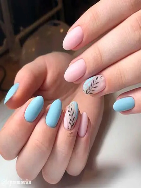 Matte light pink and blue nails