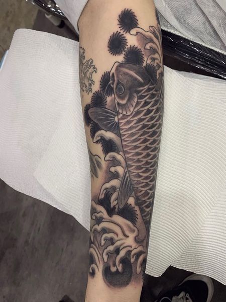 Black and Grey Koi Fish Tattoo