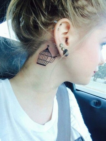 Bird Cage Behind The Ear Tattoo