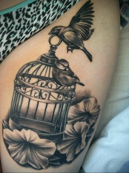 Bird Cage Thigh Tattoo
