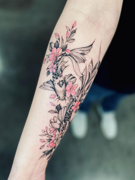 Cherry Blossom And Koi Fish Tattoo