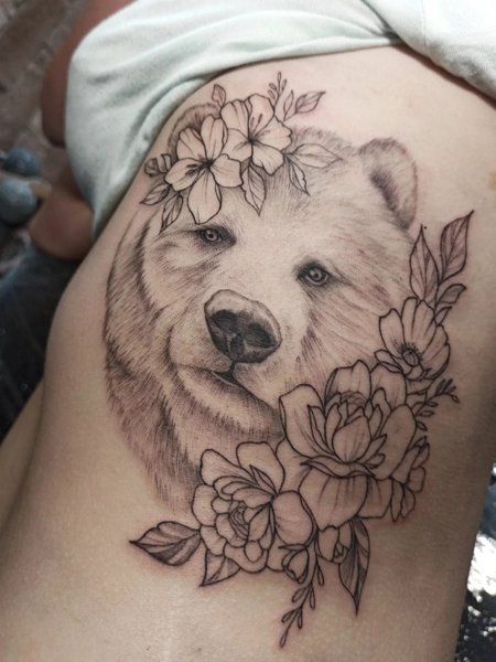 Flower And Bear Tattoo