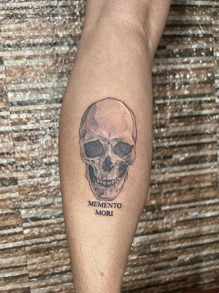 Memento Mori Tattoo On Calf