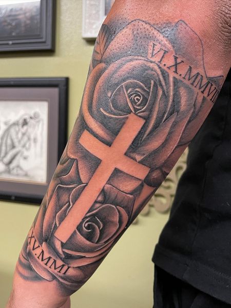 Roman Numeral And Cross Tattoo