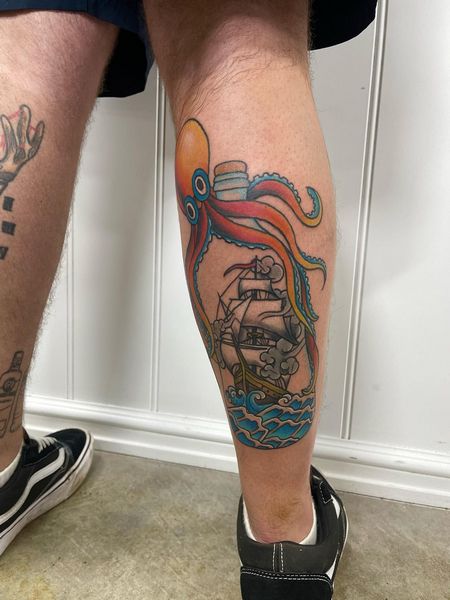 Ship And Octapus Tattoo