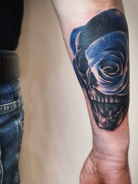 Skull And Blue Rose Tattoo