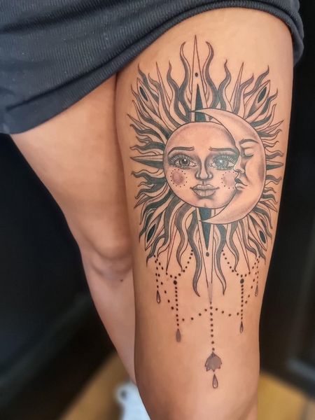 Sun and Moon Thigh Tattoo