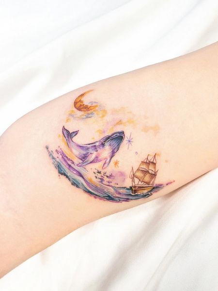 Watercolor Ship Tattoo