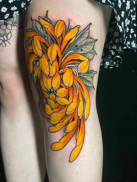 Chrysanthemum Tattoo On Leg
