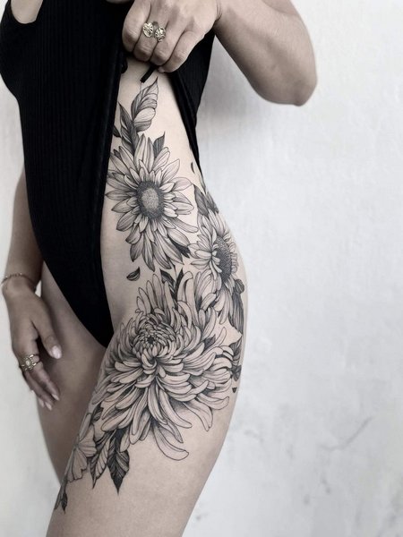Chrysanthemum Tattoo On Thigh