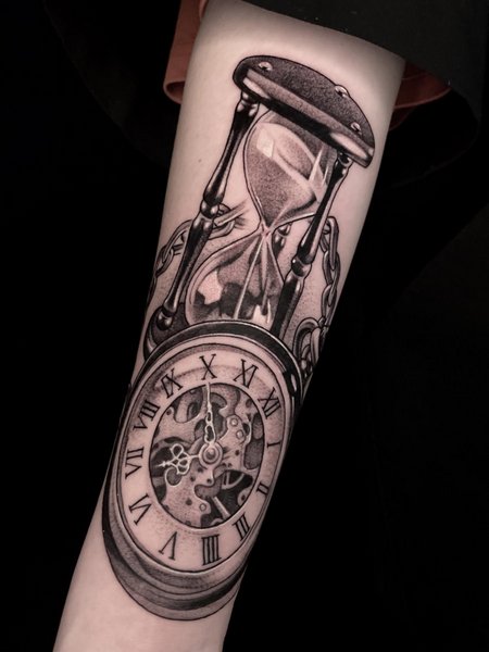 Clock And Hourglass Tattoo