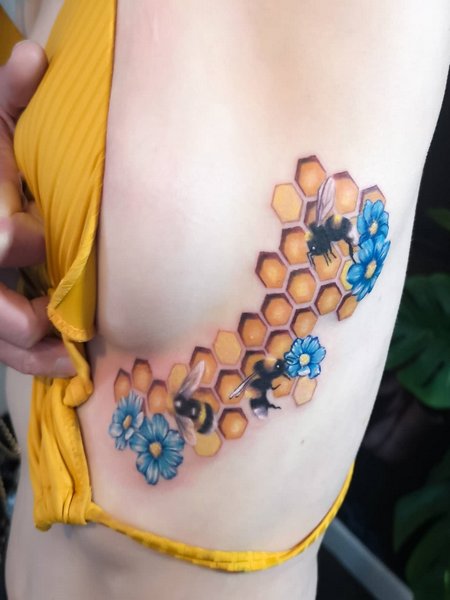 Side Boob Bee Honeycomb Tattoo