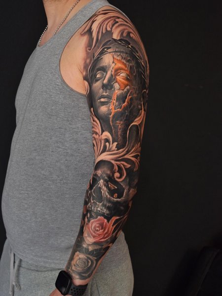 Skull And Rose Full Sleeve Tattoo