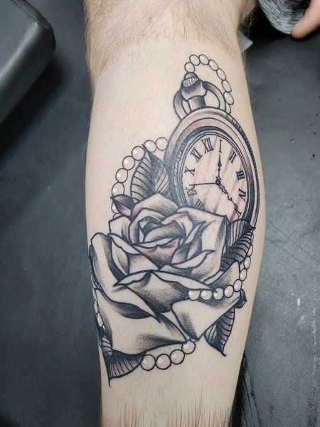 Rose And Pocket Watch Calf Tattoo